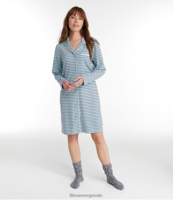 kvinner supermyk krympefri nattkjole foran med knapper 24VDH127 L.L.Bean klær sterling blå/mørk indigo stripe