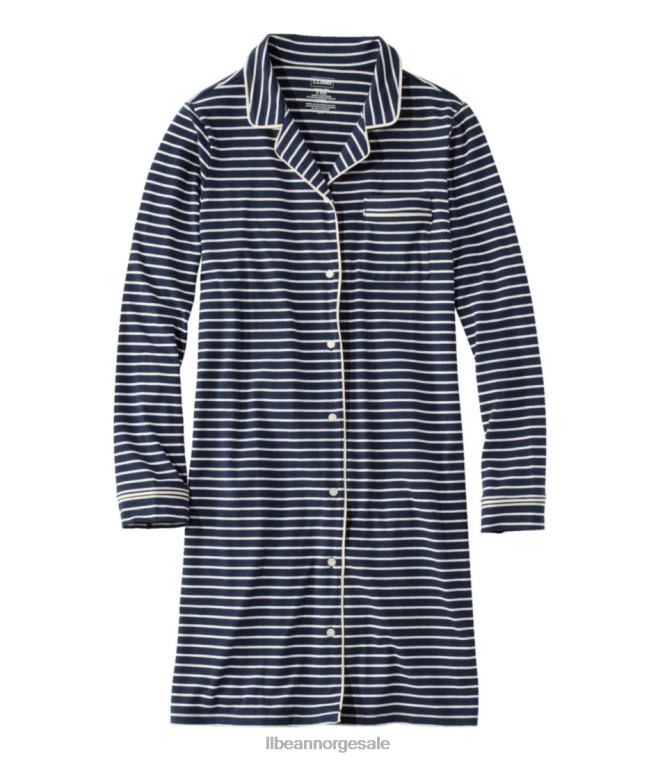 kvinner supermyk krympefri nattkjole foran med knapper 24VDH3039 L.L.Bean klær klassisk marine/kremstripe
