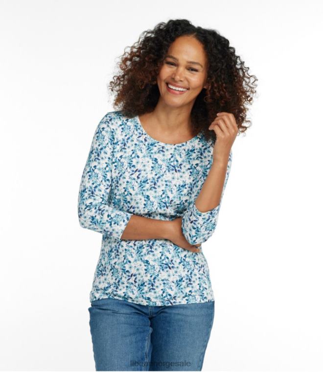 kvinner pima bomullsformet jewelneck-t-skjorte 24VDH4723 L.L.Bean klær klassisk marineblå floral
