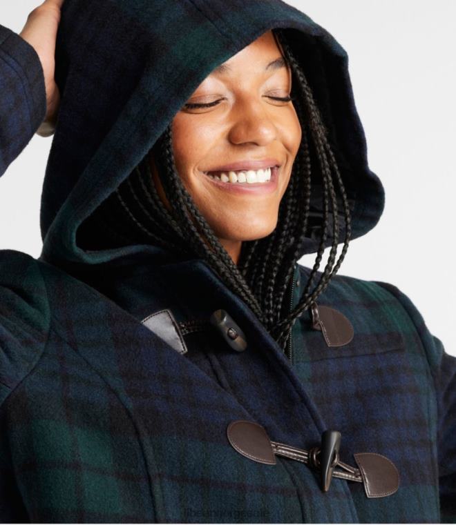 kvinner klassisk duffelcoat av lammeull 24VDH928 L.L.Bean yttertøy svart klokke tartan
